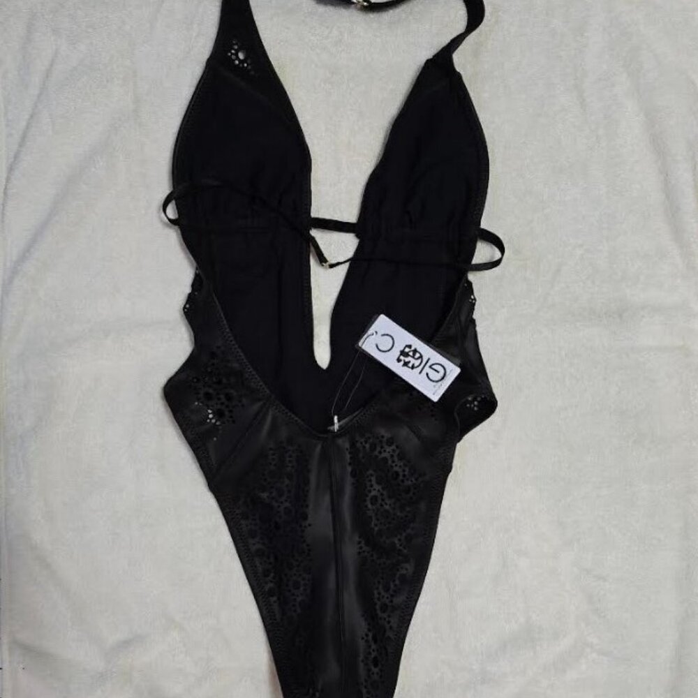 GIGI C Camilla Faux Leather One Piece. Black. Sz S. NWT. RP $280. SEXY! - Picture 7 of 10